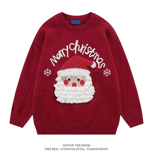 WHXS复古情侣装圣诞老人红色毛衣男秋冬季宽松慵懒风氛围感针织衫