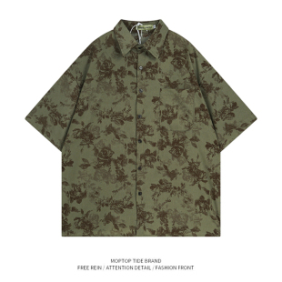 WH先生日系复古碎花满印花衬衫男女款夏季高级感宽松短袖衬衣潮