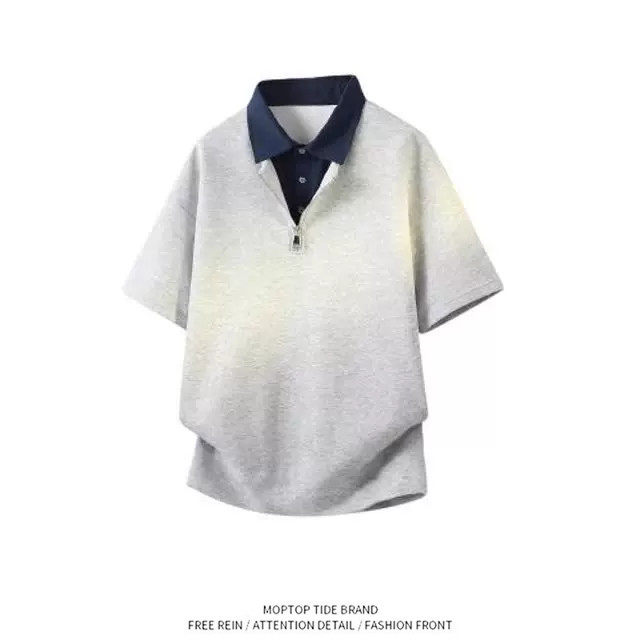 美式假两件短袖polo衫男款夏季拼接撞色翻领t恤学院风情侣截半袖
