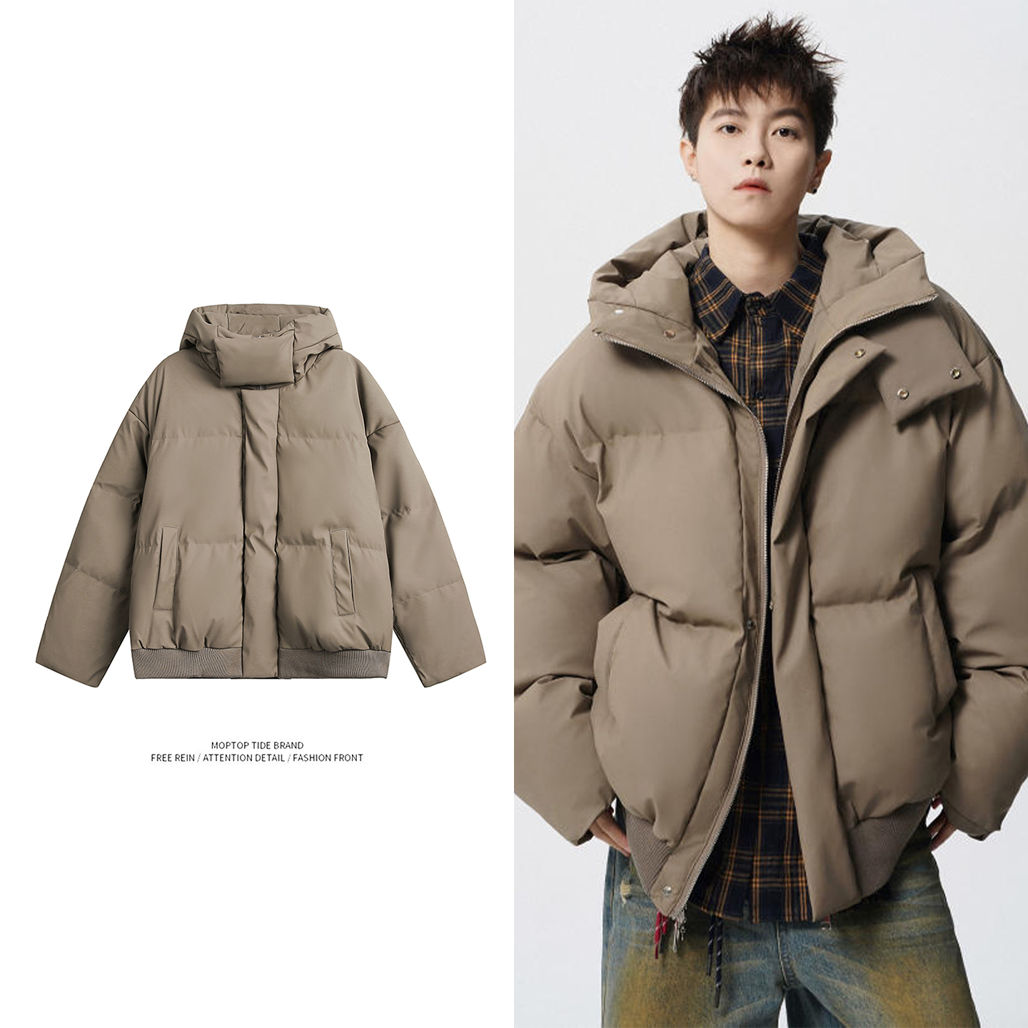 美式重磅PU皮棉衣男冬潮牌高街加厚连帽棉服cleanfit宽松保暖外套