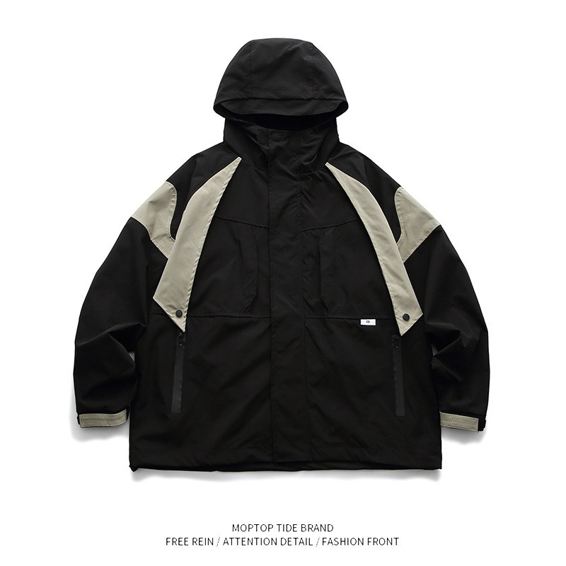 春季外套春天衣服男撞色拼接装饰连帽夹克日系复古宽松上衣休闲男