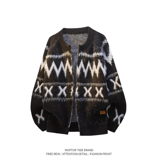 WHXS美式复古费尔岛提花开衫毛衣男女宽松高级感撞色针织衫