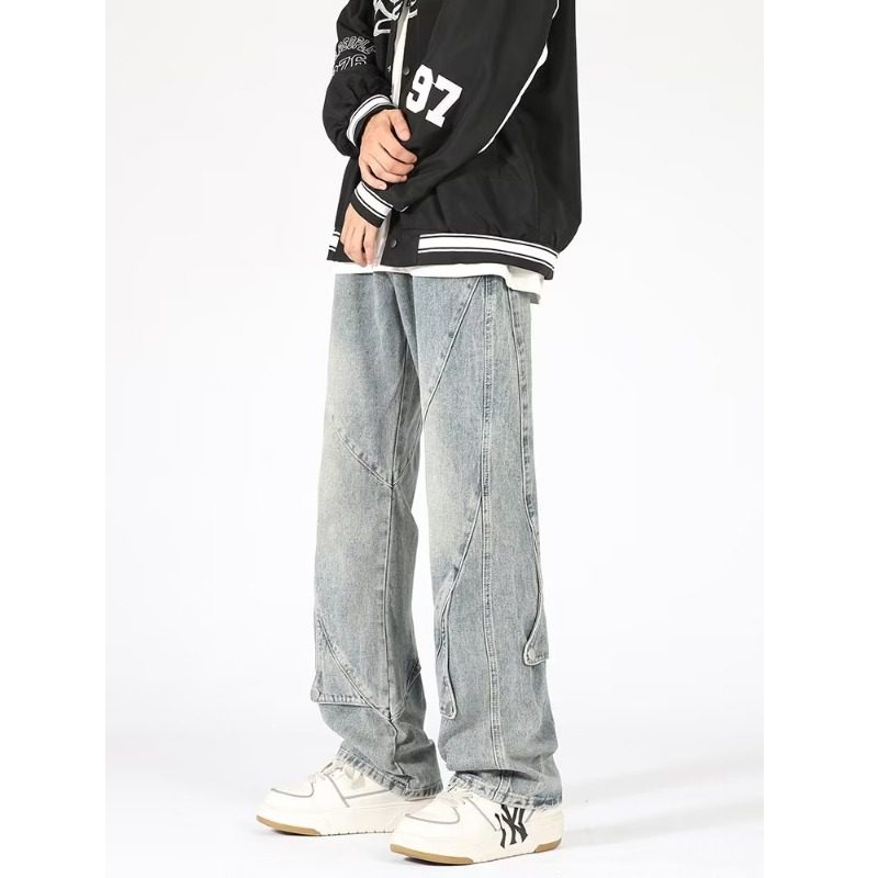 美式复古微喇拉链牛仔裤男款宽松直筒春秋季潮牌痞帅裤子休闲高