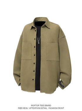 WH军绿色工装长袖衬衫男痞帅宽松翻领上衣潮牌可外穿衬衣外套