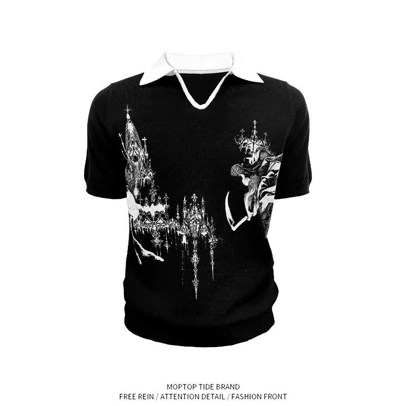 死神镰刀宫廷印花正肩v领Polo针织短袖T恤男女款夏季新款打底衫