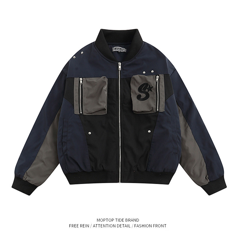 WHXS美式复古拼色机能风棒球服男潮牌高街春秋常规工装飞行员外套