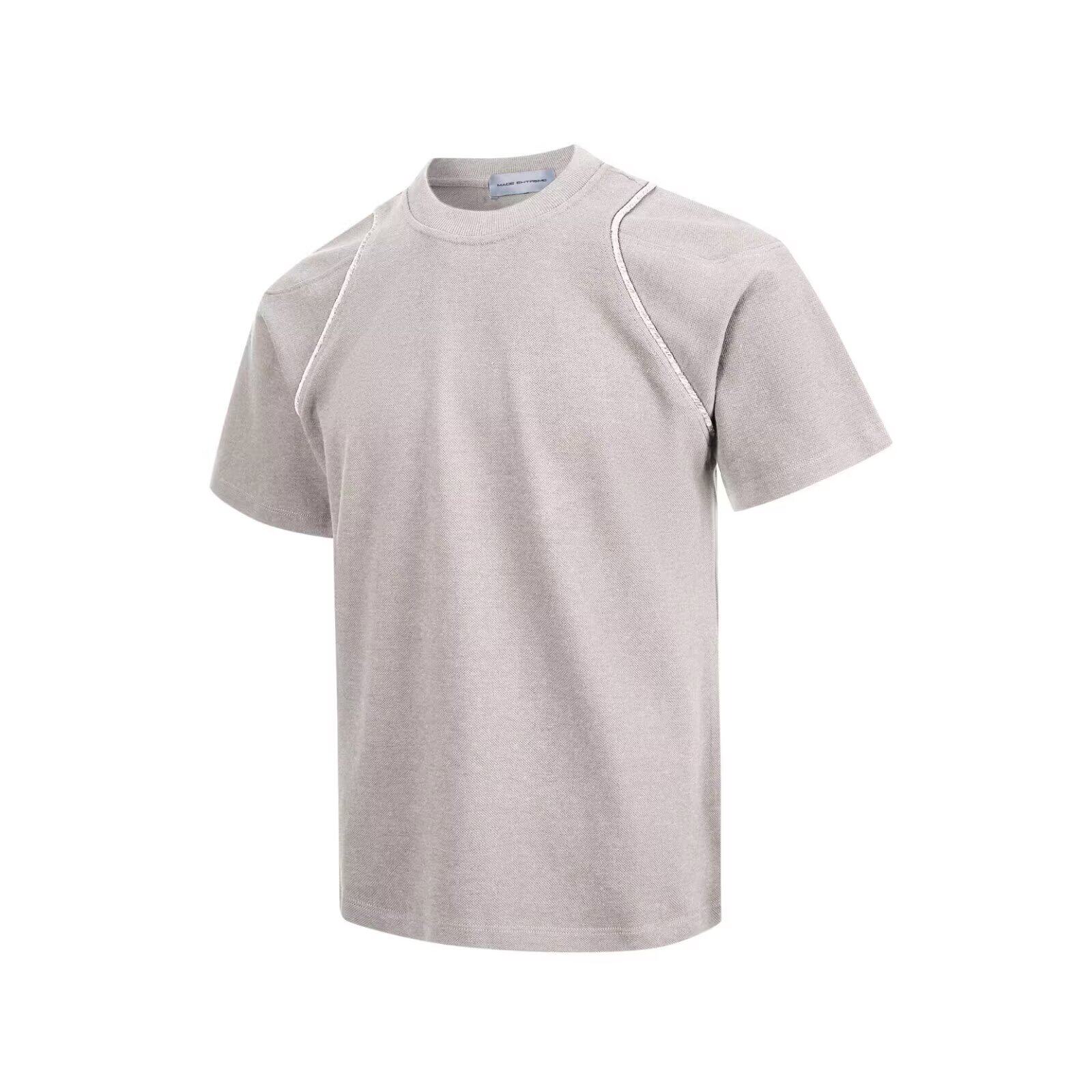 2026美式正肩拼接线条短袖t恤男大码夏季曼巴棉重磅T恤圆领上衣潮