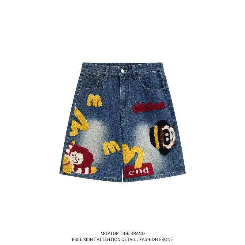 WH先生夏季美式高街复古趣味毛巾绣牛仔短裤男女嘻哈青少年五分裤