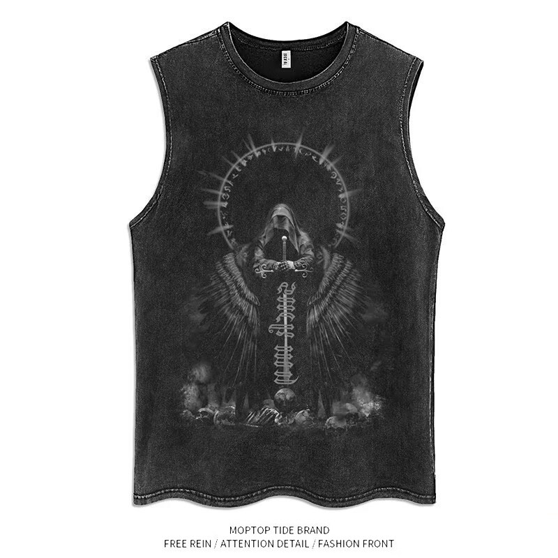 WHXS潮牌美式复古水洗爱心印花坎肩背心女高街宽松bf百搭无袖T恤