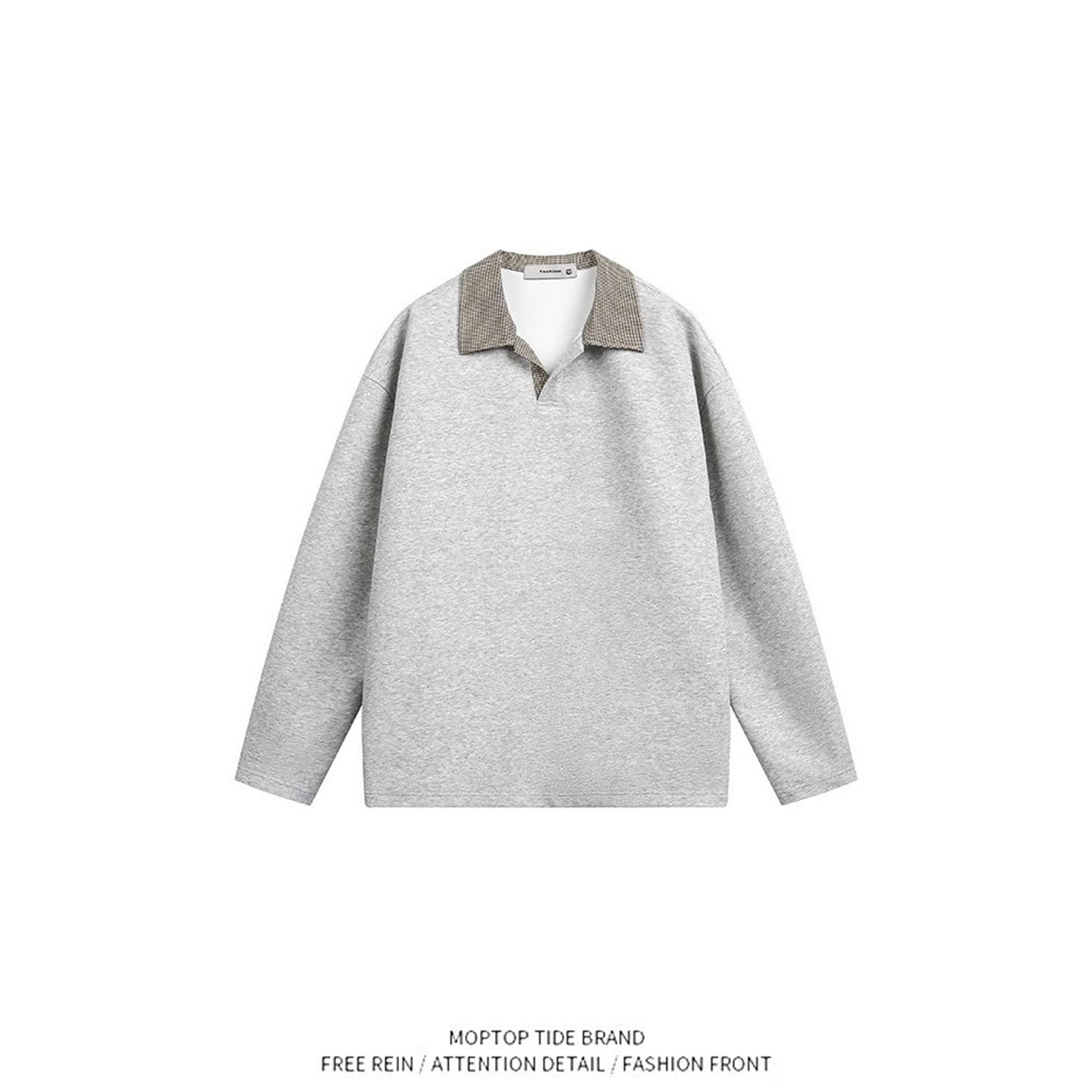 WHXS格子假两件polo翻领卫衣男款ins潮流长袖打底衫无帽套头上衣