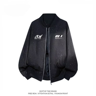 WH先生港式复古黑色夹克男春秋宽松翻领拉链棒球服百搭外套