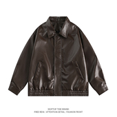 WH先生潮牌纯色机车夹克男女美式 街头宽松百搭PU皮衣美拉德外套