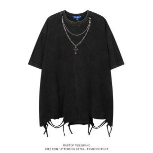 WH先生欧美嘻哈做旧水洗破烂短袖 T恤男潮牌街头项链宽松休闲tee