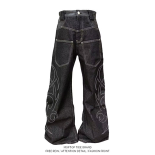 秋冬美式反穿插袋原色牛仔裤男垂感高腰阔腿裤修身微喇直筒长裤子