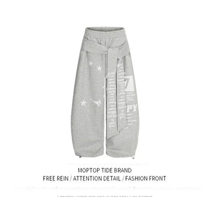 美式复古字母印花绑带弯刀卫裤男女宽松休闲运动街舞阔腿长裤