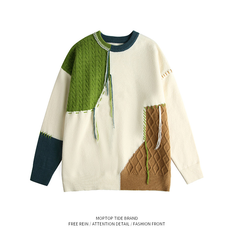WHXS秋冬季拼色设计感拼接圆领针织衫男女潮牌宽松情侣套头毛衣
