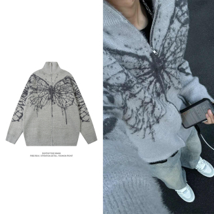 WHXS秋季美式复古潮牌蝴蝶提花开衫针织毛衣男女宽松bf慵懒风外套