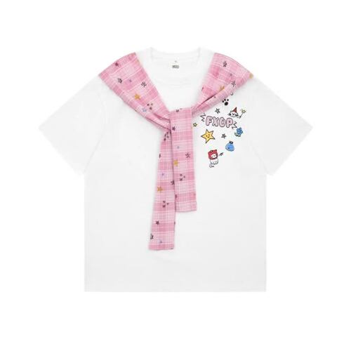 FXOP假两件猫咪格纹披肩短袖t恤女夏宽松韩系学生慵懒风chic上衣