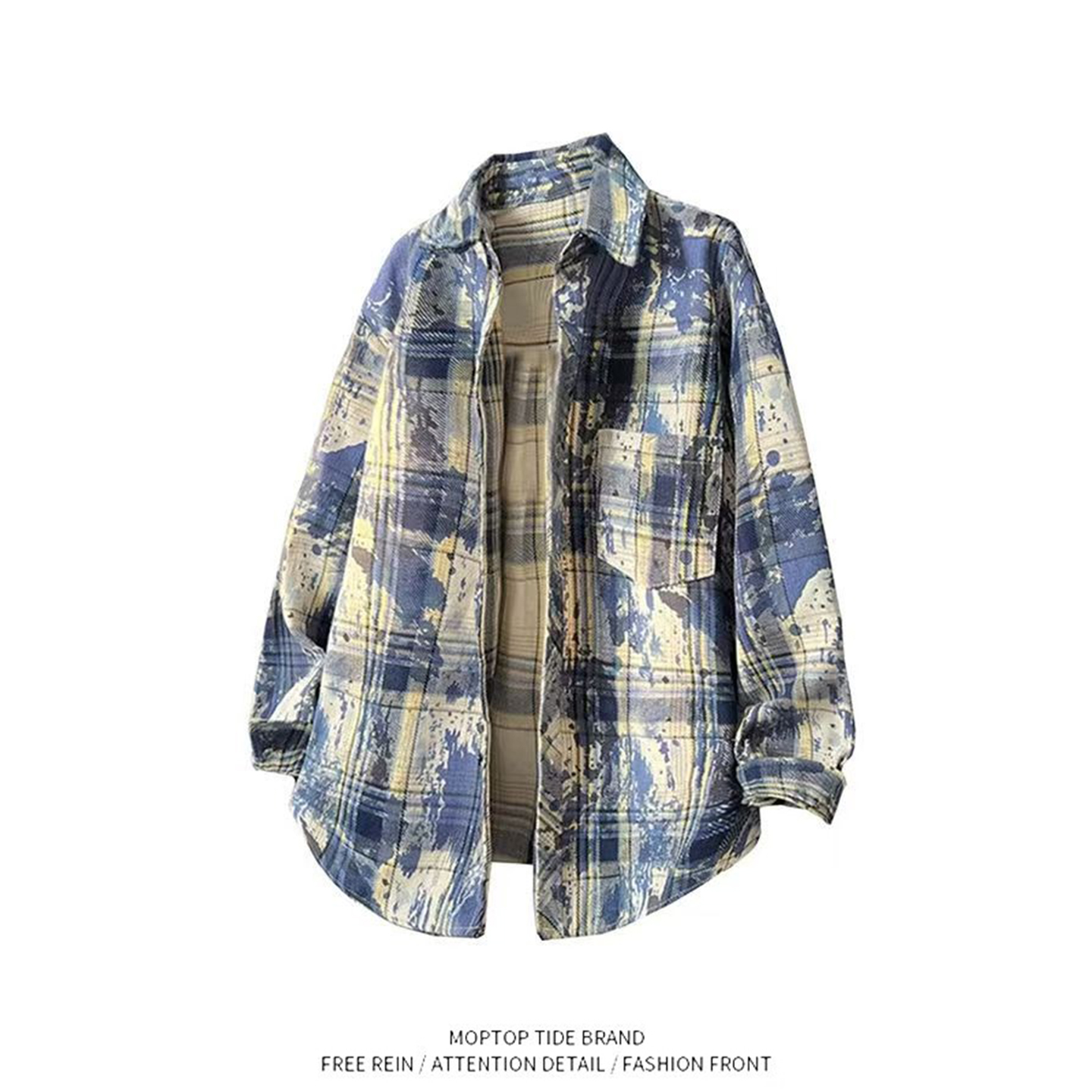 WH先生扎染格子衬衫夏季男款美式男女复古长袖衬衣情侣外搭上衣