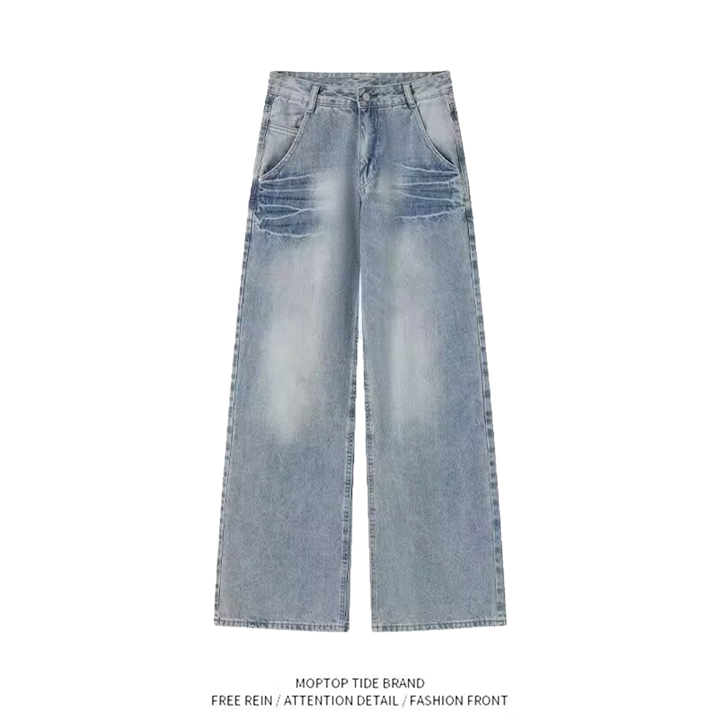 美式2026复古水洗高腰阔腿牛仔裤男女波纹垂感宽松休闲阔腿裤长裤