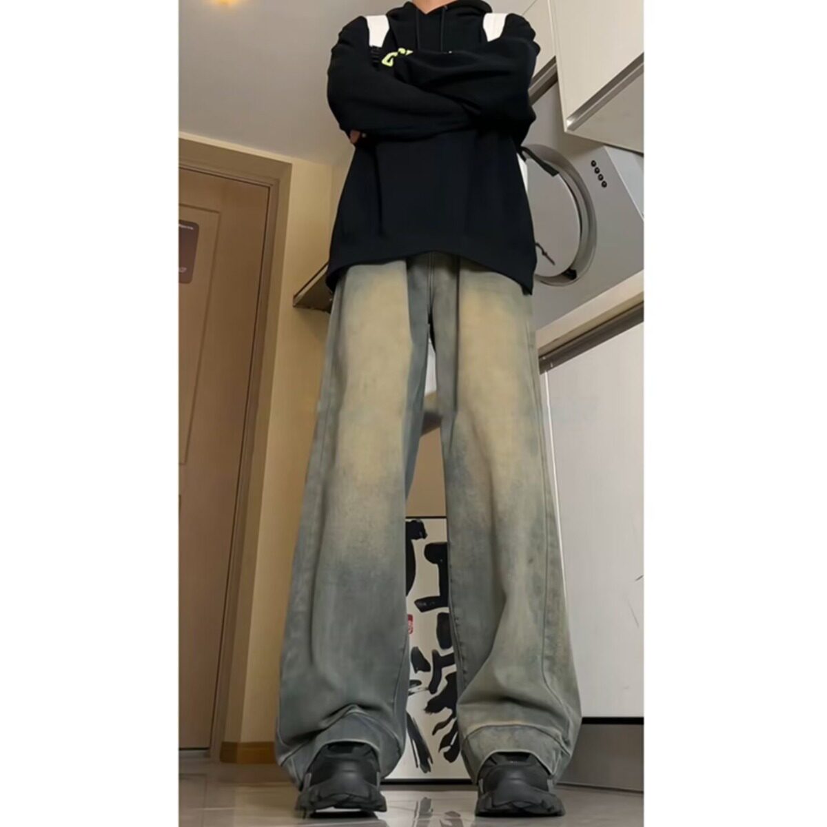 WH先生美式复古蓝泥染牛仔裤男士潮牌休闲阔腿裤秋水洗高街长裤潮