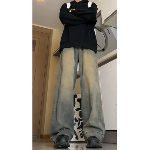 WH先生美式复古蓝泥染牛仔裤男士潮牌休闲阔腿裤秋水洗高街长裤潮