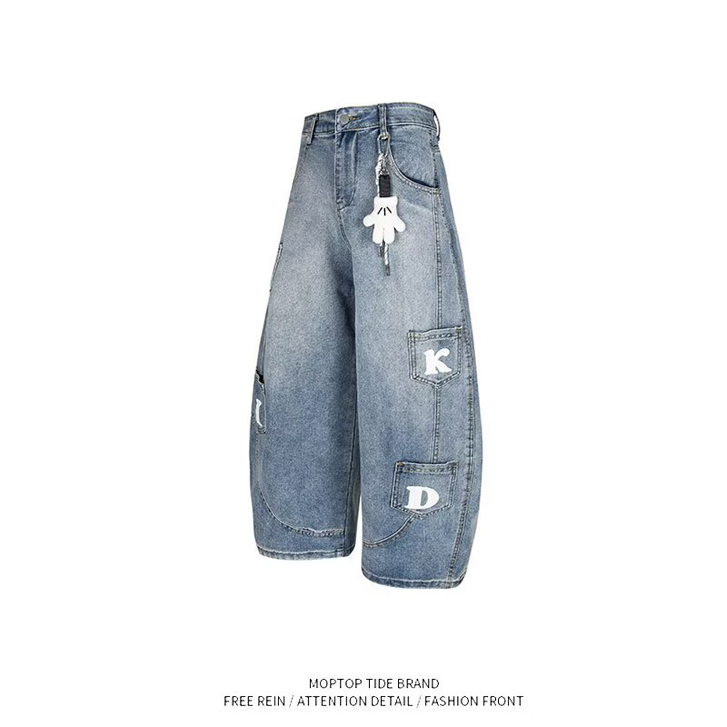 多口袋设计解构直筒牛仔裤男女微喇夏季美式街头水洗宽松弯刀裤子