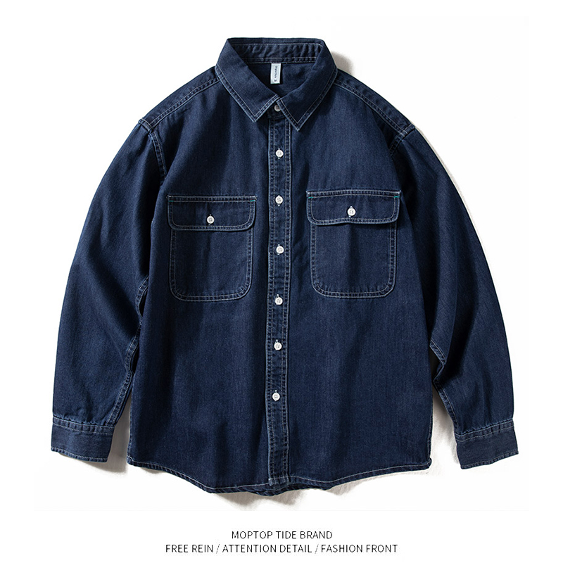 WH先生牛仔衬衫男长袖春秋款宽松美式休闲衬衣青春复古简约外套