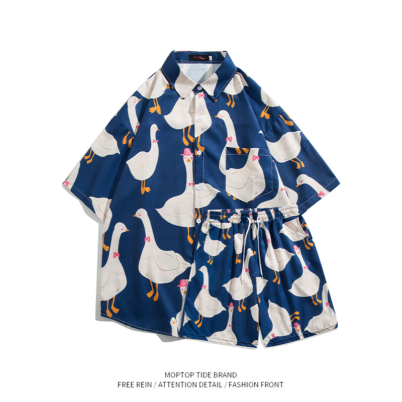 WH先生夏季休闲大鹅衬衫短裤套装男卡通港风沙滩睡衣居家上衣