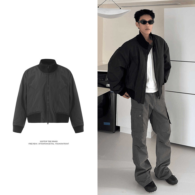 WH先生秋冬美式休闲廓形立领飞行员夹克潮牌黑色短款棉服外套