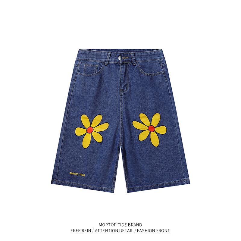 复古花朵刺绣牛仔短裤慵懒风宽松阔腿裤vintage七分裤