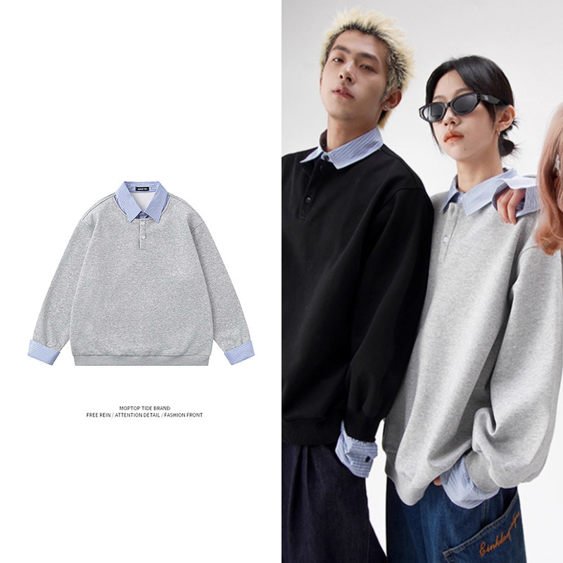 假两件撞色polo卫衣男春季宽松设计感衬衫领外套百搭情侣长袖上衣
