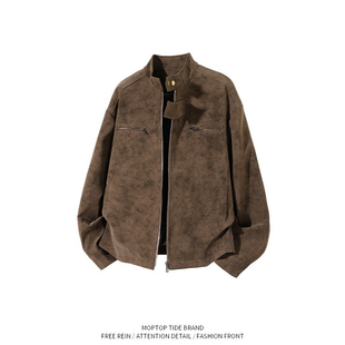 WH先生美式复古风立领夹克男春秋宽松机车皮衣外套潮牌