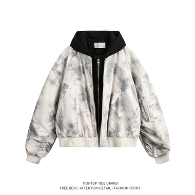 WHXS美式扎染假两件飞行员夹克女男款春季潮牌复古连帽棒球服外套