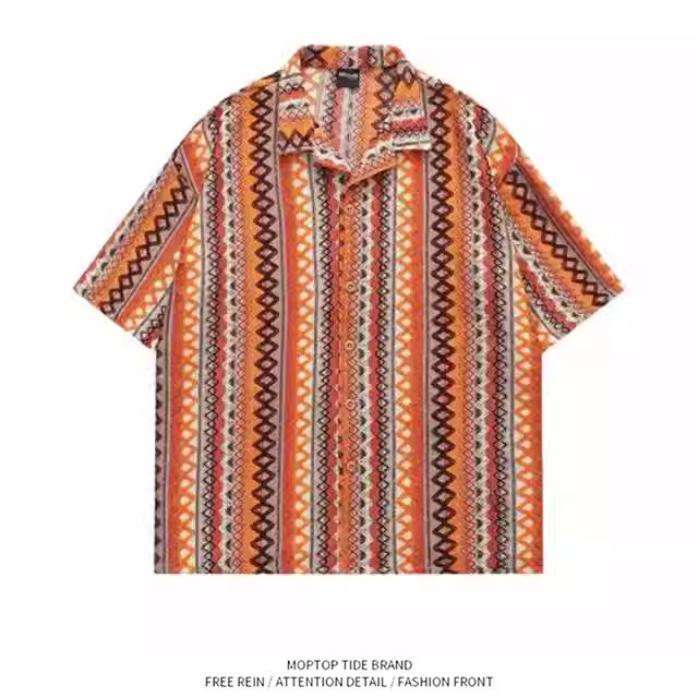 日系慵懒风衬衫男短袖夏季美式复古vintage古巴领海边度假花衬衣