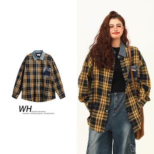 WH先生美式复古高级感撞色拼接格子衬衫男女宽松bf格纹外套