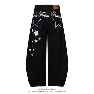 黑色星星牛仔裤男夏季美式高街vibe拉链痞帅微喇显瘦百搭直筒长裤