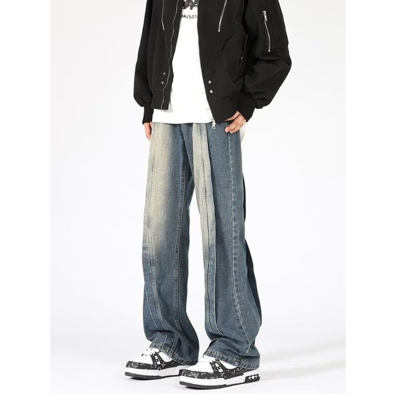 美式复古ins高级感拼接秋冬牛仔裤男宽松高街阔腿垂感直筒裤长裤