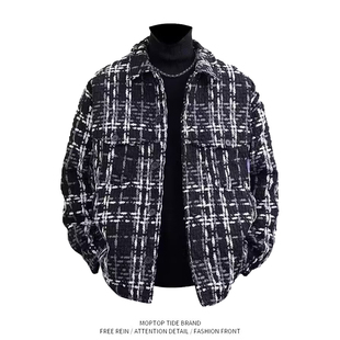秋冬新款小香风千鸟格外套男士潮流格子痞帅宽松百搭休闲夹克