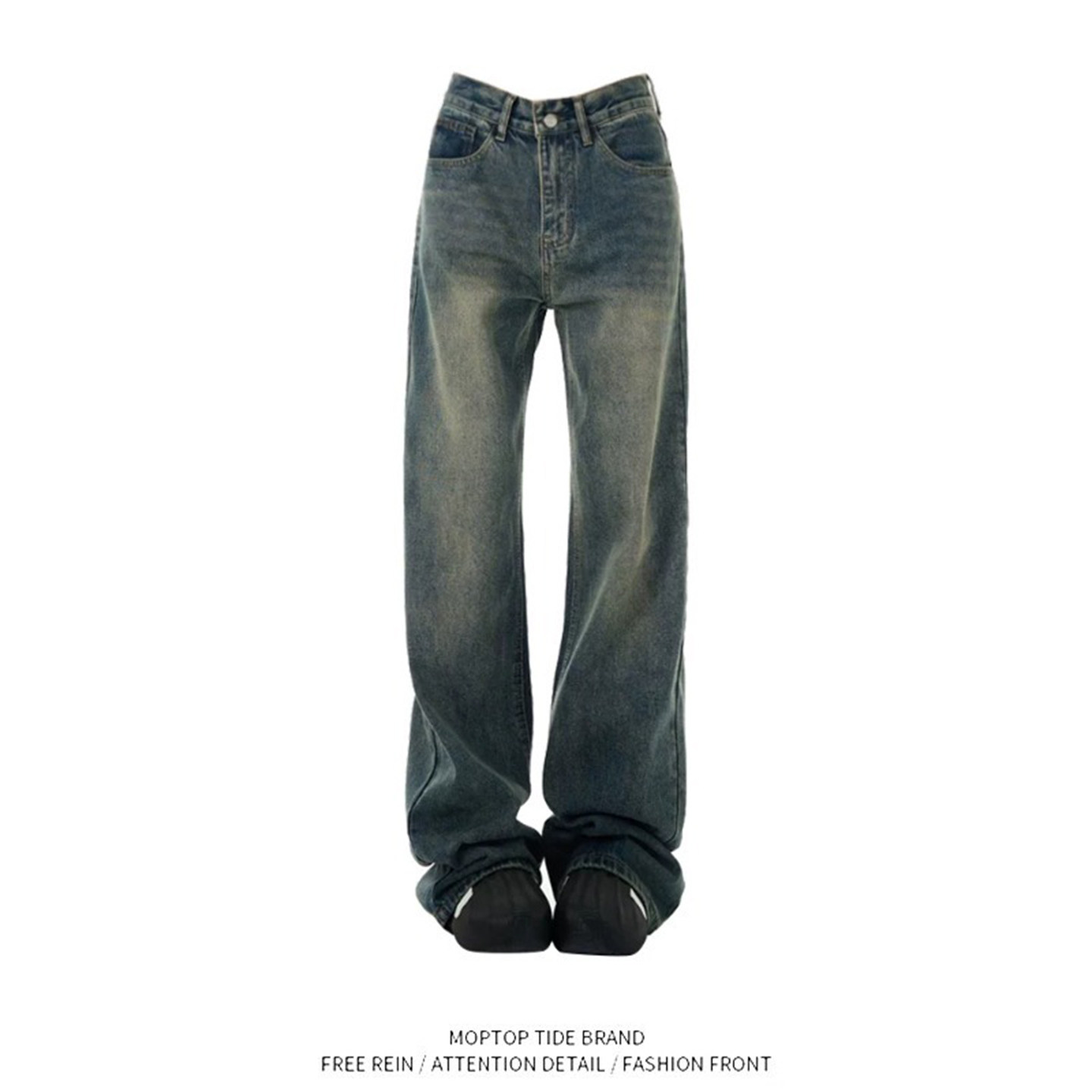 美式复古做旧高腰直筒牛仔裤男女春秋款高街宽松显瘦阔腿拖地裤子