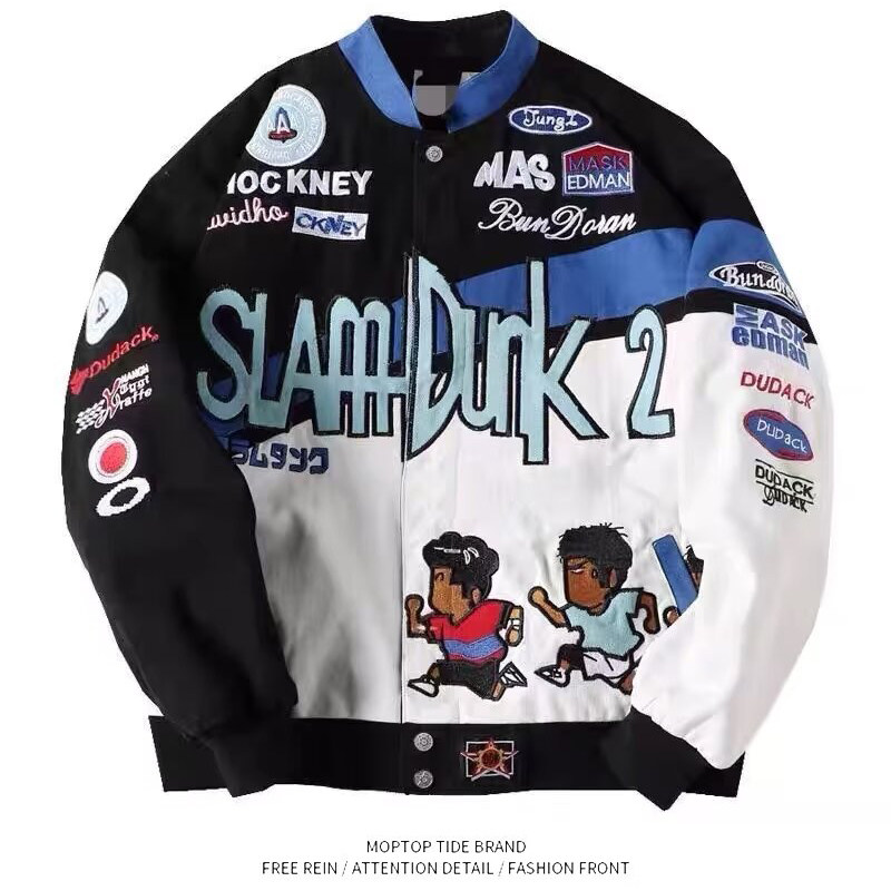 WH先生2024新款男女潮牌重工拼接休闲夹克情侣装嘻哈机车棒球服