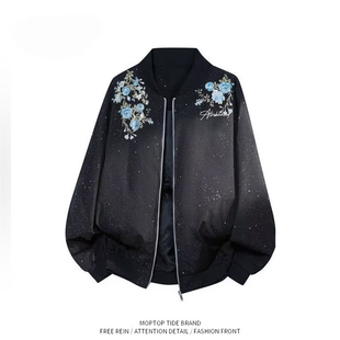 WH先生港式高街风花卉刺绣夹克男春秋宽松百搭拉链棒球服外套