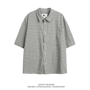 WH先生美式潮牌舒适格子短袖衬衫男女宽松夏季街头薄款半袖衬衣