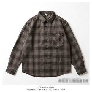 WH先生复古格子衬衫男长袖宽松翻领休闲衬衣外套港式春秋