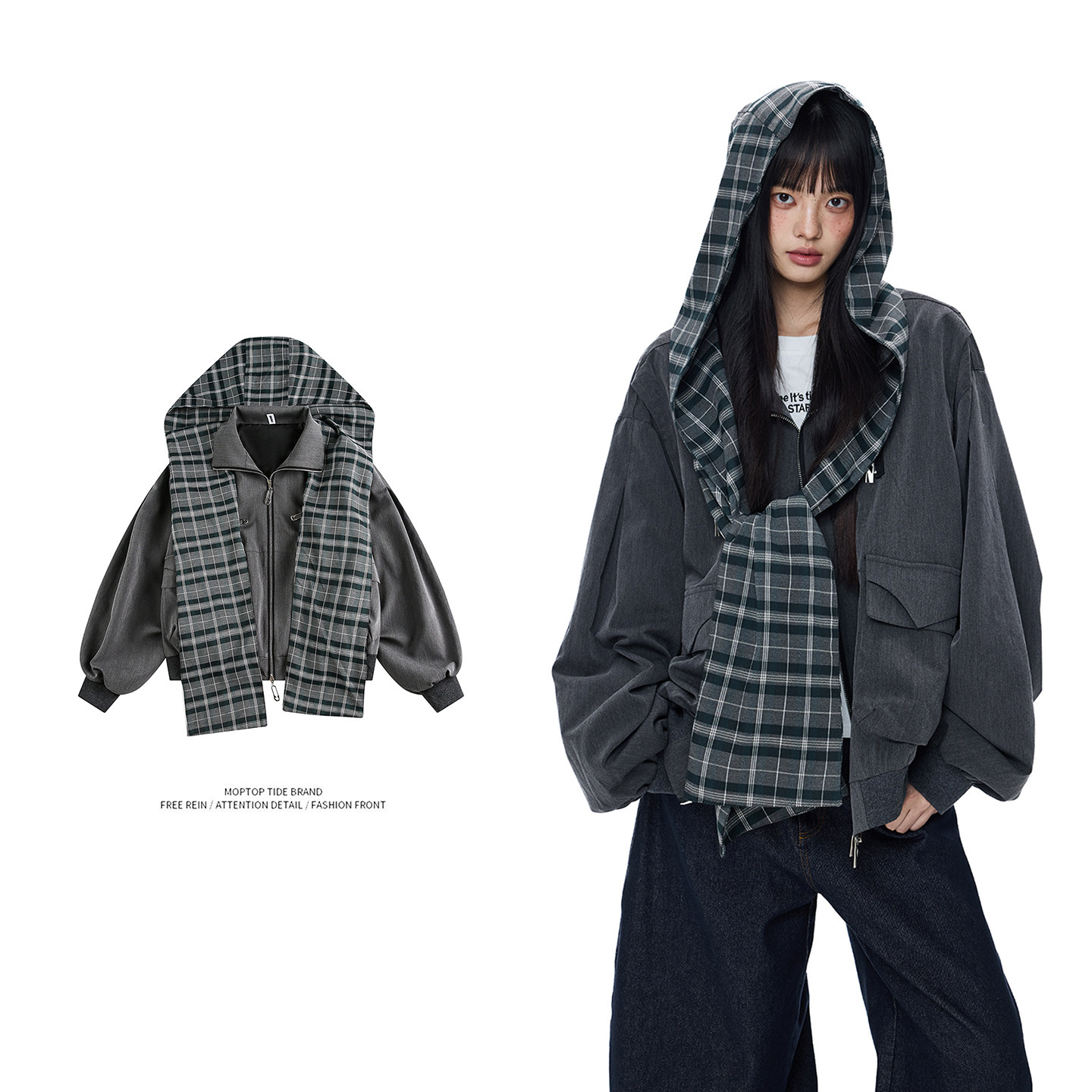 WH先生美式复古格子拼接假两件连帽卫衣男女宽松休闲百搭外套