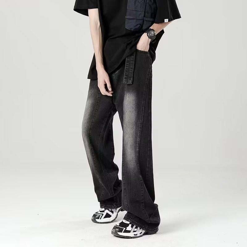 美式复古渐变牛仔裤男款秋季ins潮牌宽松直筒高街痞帅阔腿长裤子
