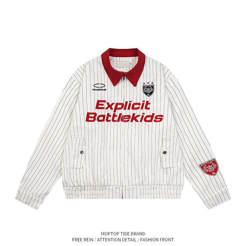 WH先生美式复古外套男女春秋宽松休闲白色条纹棒球服夹克潮