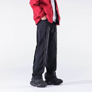 牛仔裤男款秋季美式高街复古高级感痞帅拼接水洗宽松直筒阔腿长裤