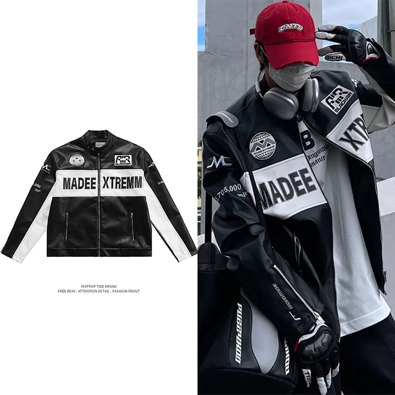 WH先生美式复古PU皮赛车拉链机车服帅气棒球服潮宽松情侣夹克男女