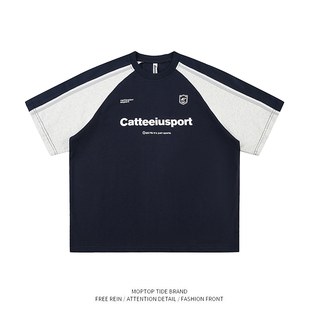 WH先生美式复古运动插肩袖学院风短袖T恤男女宽松百搭套头半袖